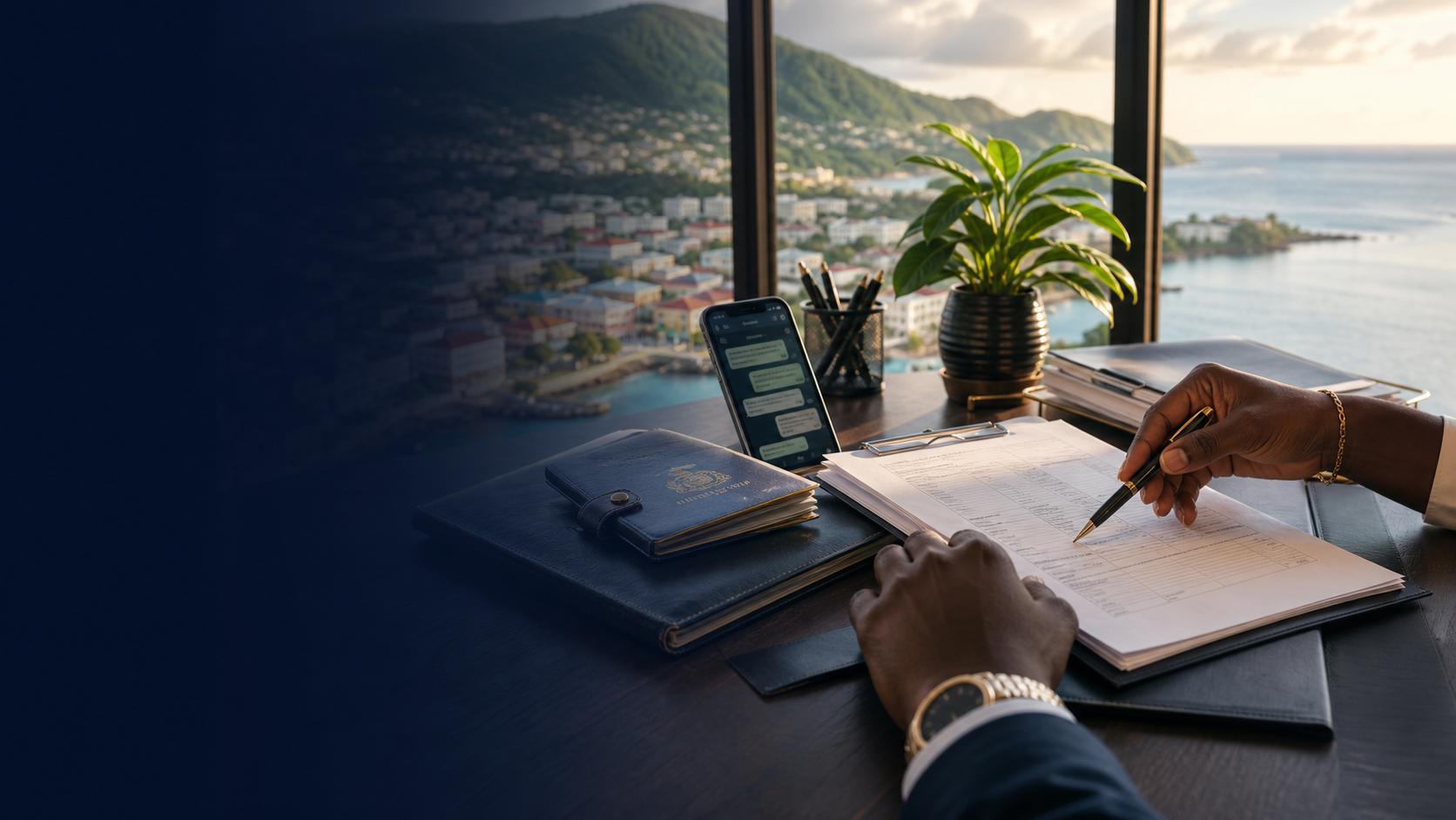 Professional document support with a Dominica coastal view